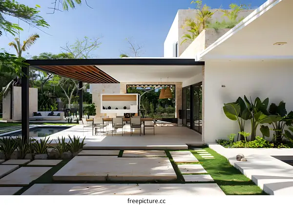 Modern Tropical Patio With Pool and Lounge Chairs