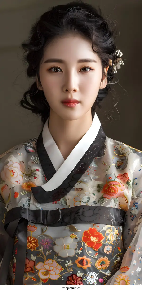 Portrait of a young woman in traditional Korean dress, or Hanbok