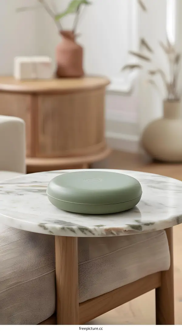Green Round Box on Marble Table in Minimalist Home Interior