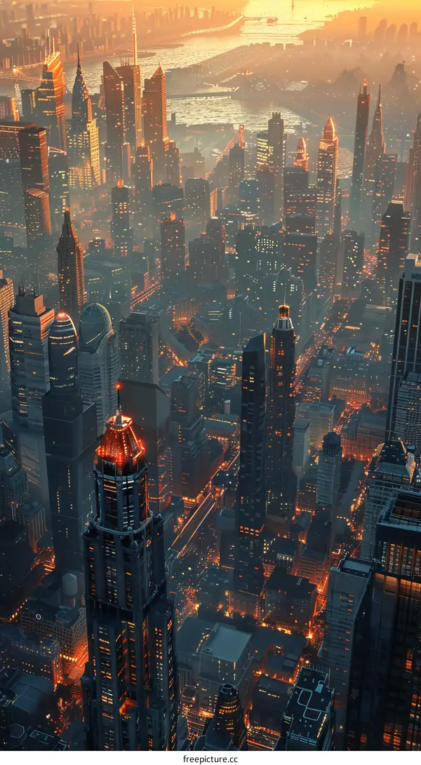 Bustling Metropolis with illuminated skyscrapers at dusk
