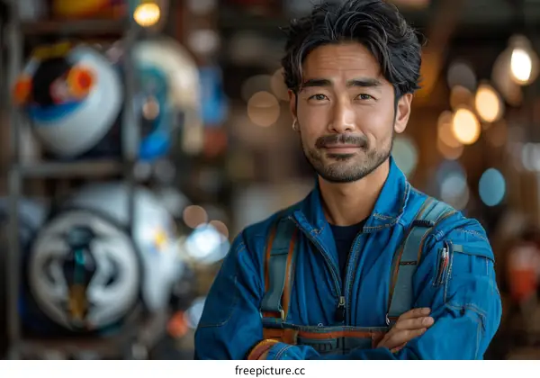 Portrait of a Japanese man standing in a motorcycle workshop