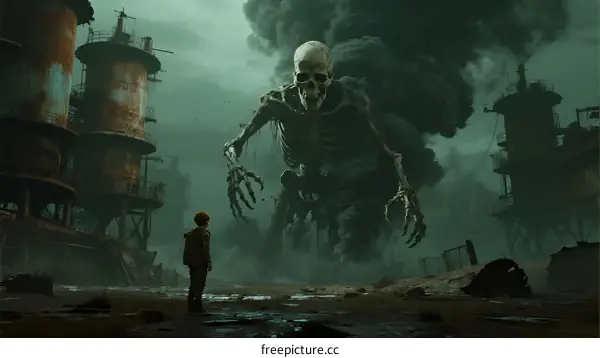 A Child Facing a Massive Skeleton Monster in an Abandoned Industrial Area