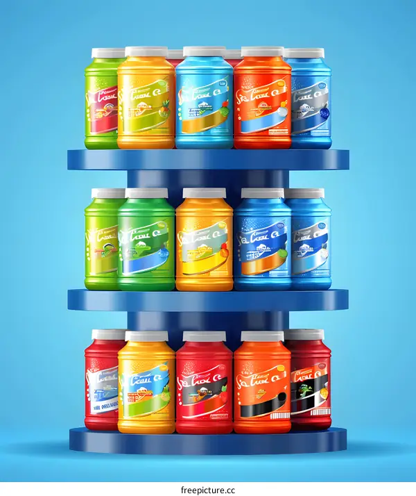 Assortment of Colorful Bottles on a Blue Shelf