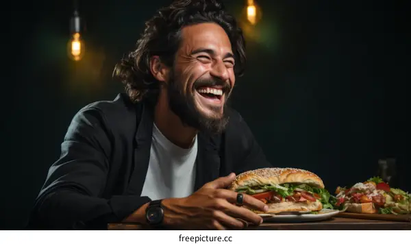 Bearded man laughing while eating a sandwich