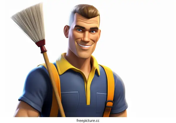 Happy male janitor holding broom