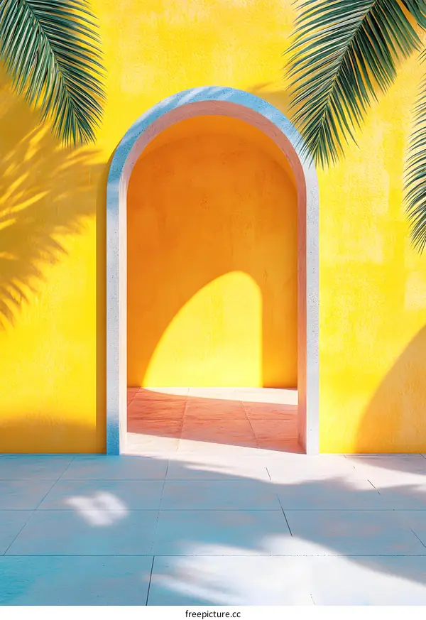 Yellow Wall Archway With Palm Tree Shadows