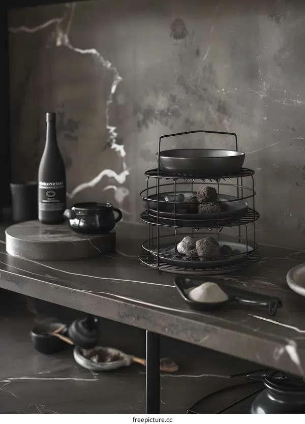 Black and White Kitchen Countertop with Plates and Wine Bottle