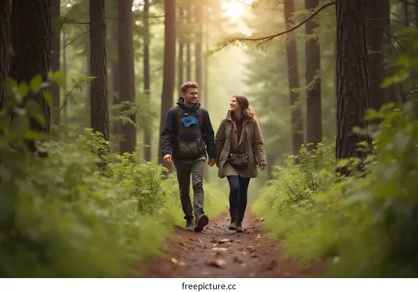 Couple Walking Through Forest Path Holding Hands