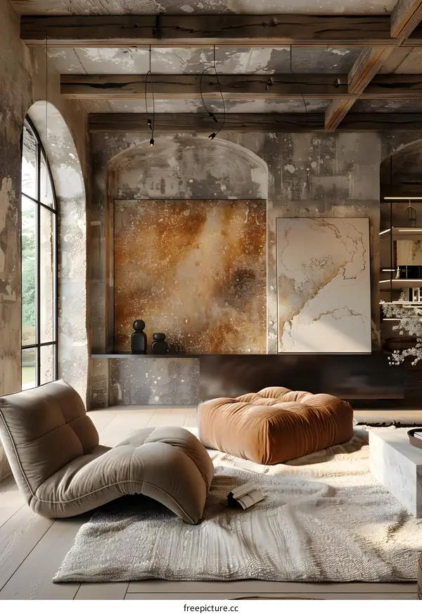 Modern Interior Design Of Living Room With Concrete Walls