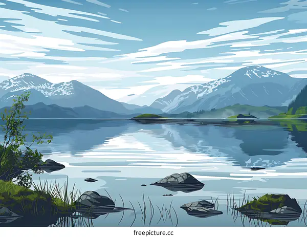 Mountain Lake with Snowy Peaks and Reflections