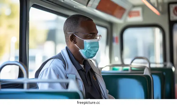 Black man wearing a mask on a bus