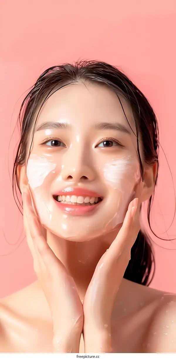 Asian Woman with Facial Mask Smiling on Pink Background