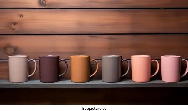 Elegant ceramic cups on wooden shelf