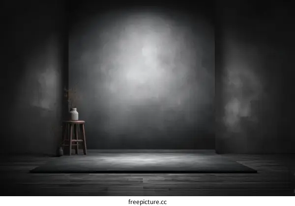 Empty Dark Studio Room with Wooden Stand and Vase