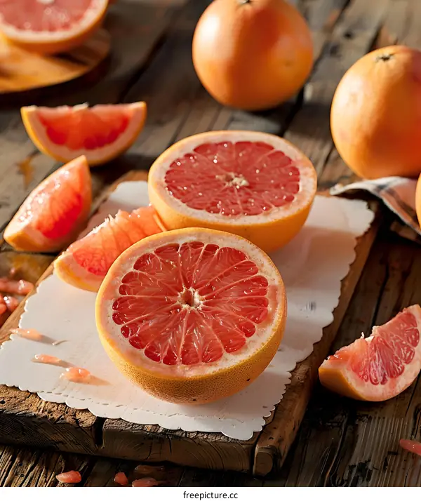 Freshly Cut Ripe Grapefruit Slices on a Wooden Cutting Board