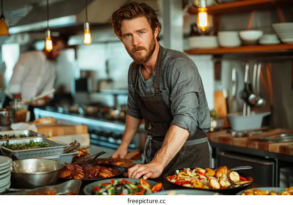 Bearded man standing in a commercial kitchen