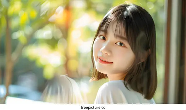 Portrait of a Young Asian Woman Smiling, Looking Over Her Shoulder, Outdoors in the Sunshine