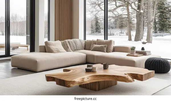 Modern Beige Sectional Sofa with Live Edge Coffee Table