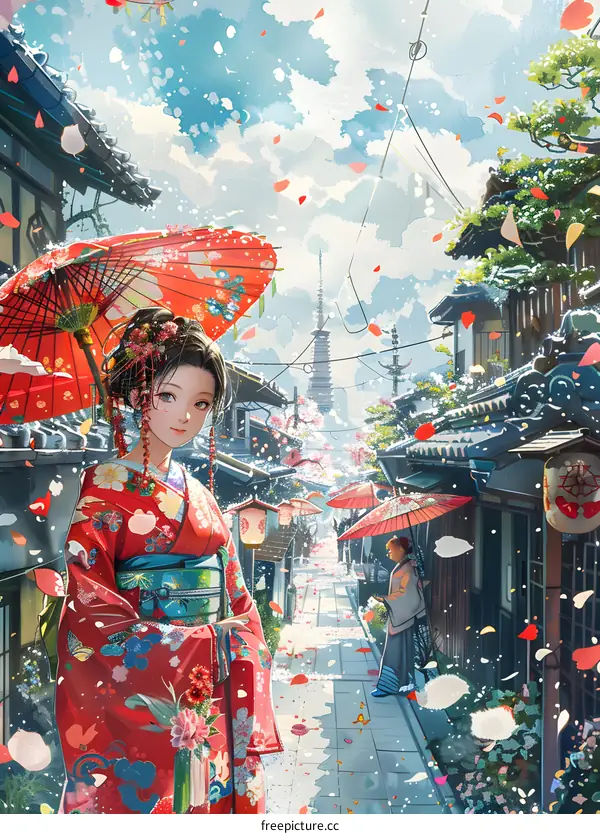 A woman in a kimono walking down a street in Japan