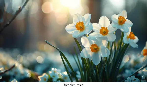 A field of daffodils in the morning sun