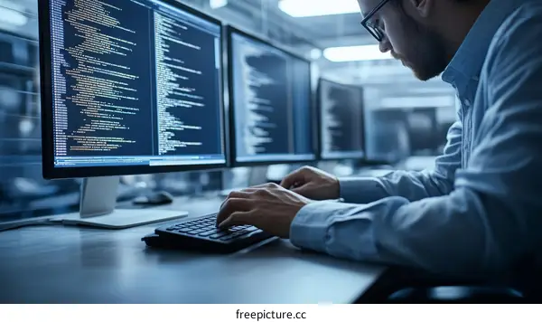 Focused Programmer at Work in a Server Room