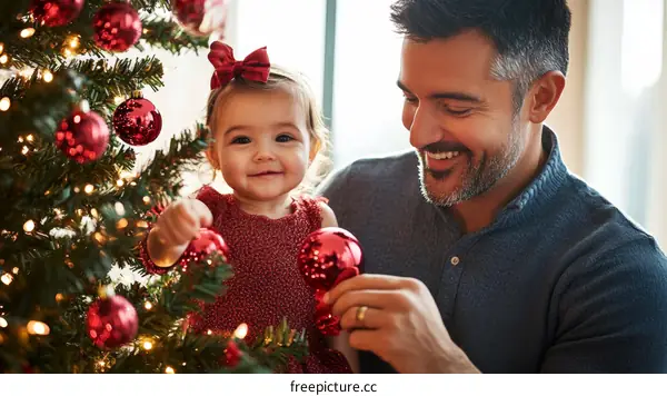 Father and Daughter Decorating Christmas Tree