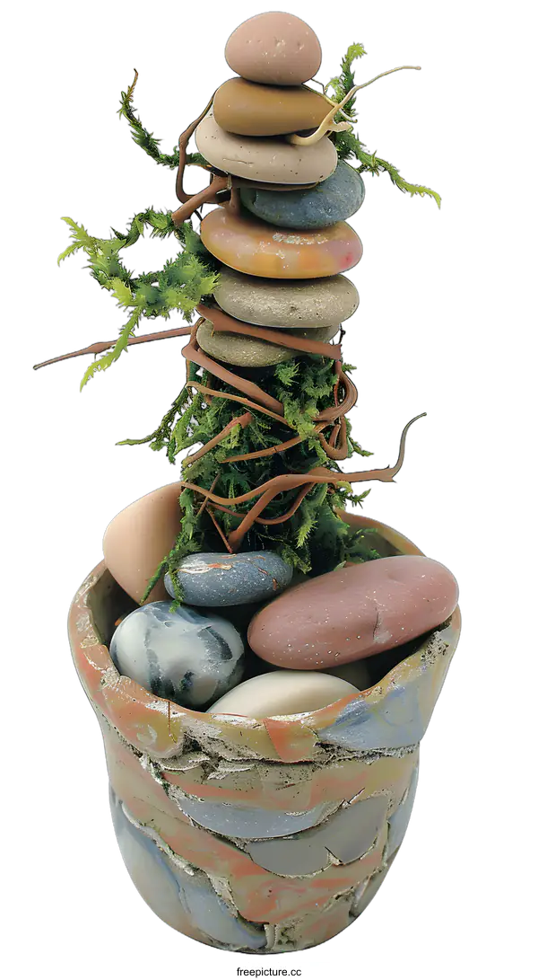 [Transparent Background PNG]Stone Stacked In A Pot With Moss