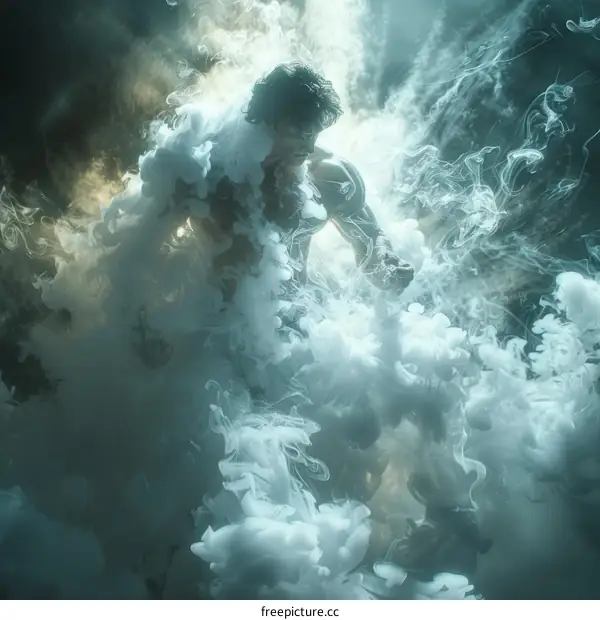 man covered in white smoke