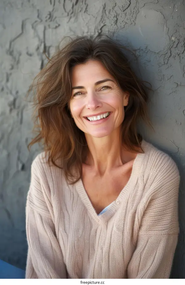portrait of a smiling woman with long brown hair wearing a beige sweater