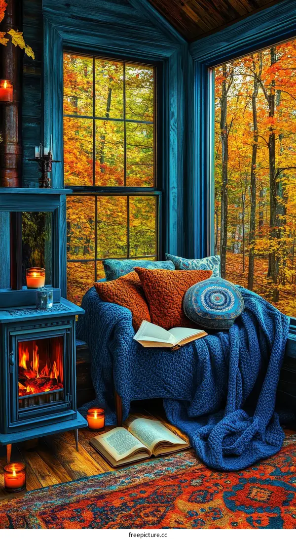 Autumn Cozy Reading Nook by the Fireplace