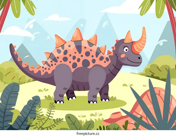 Cute Cartoon Dinosaur Standing in Green Field