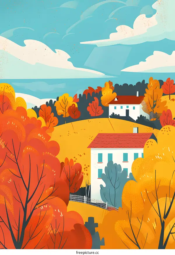 Autumn Landscape with Houses and Trees Illustration