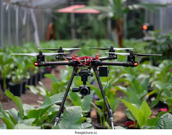 A drone is flying in a greenhouse