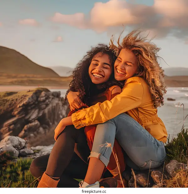 Two Female Friends Laughing Together On Cliff Overlooking Ocean