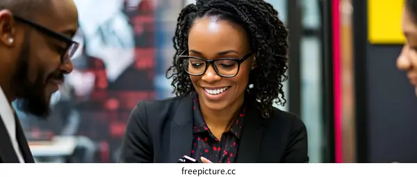 Smiling African American Woman Looking at Her Phone with Black Man in Background