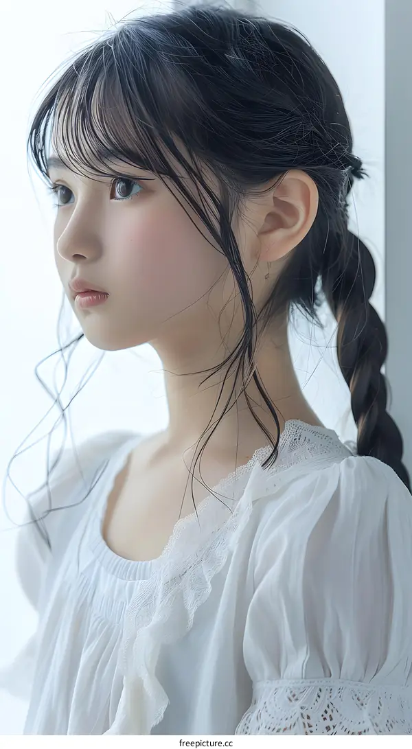 Portrait of a young Asian girl with long black hair wearing a white dress