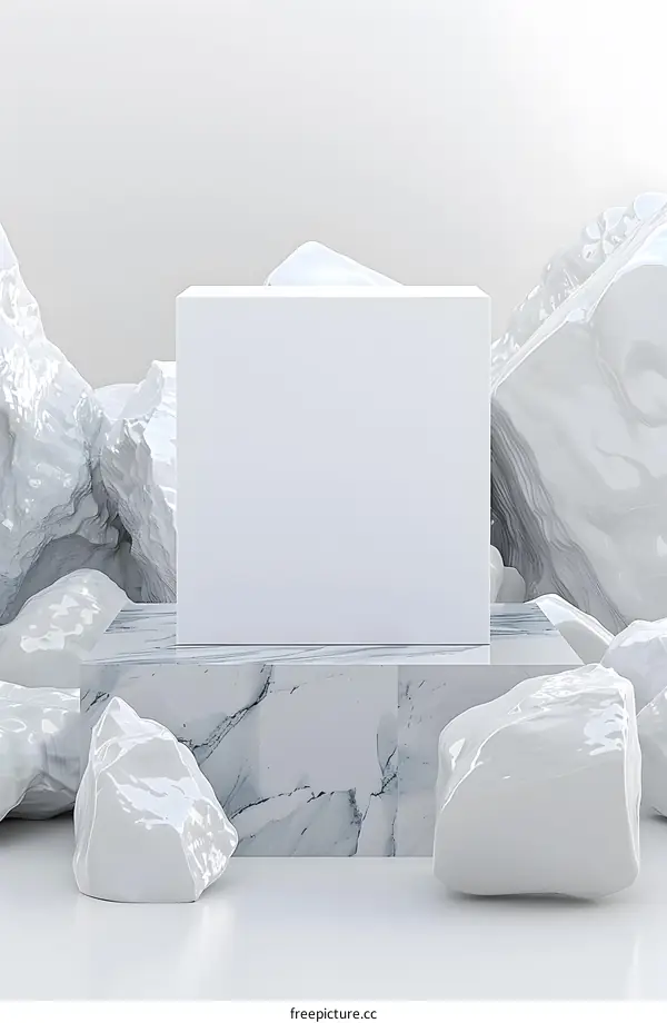 White Marble Platform With White Rocks and Cube Mockup