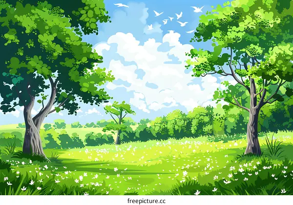 Green Meadow with Trees and White Birds in the Blue Sky