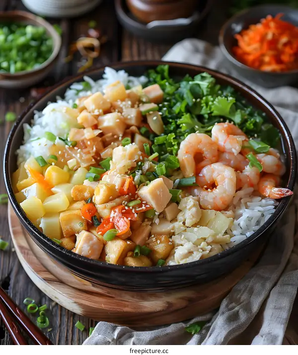 korean food dish with rice, shrimp, and vegetables