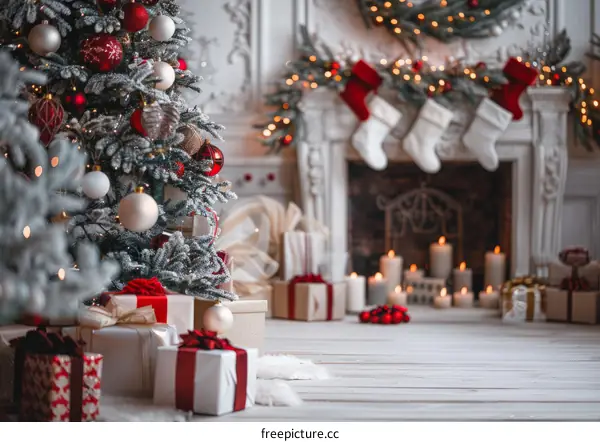 Christmas Tree with Red and White Decorations and Gifts