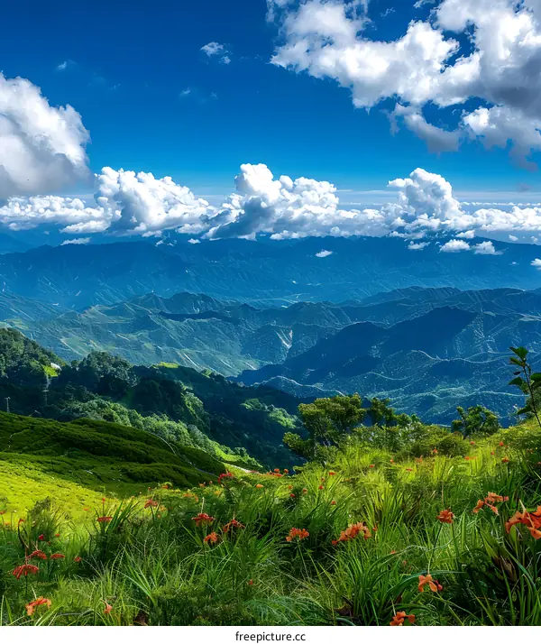 A verdant mountain landscape with flowers in the foreground