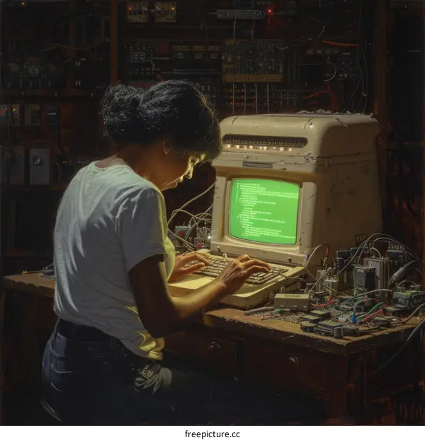 A woman in a green shirt is typing on a computer with a green screen