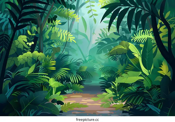 Green Lush Tropical Rainforest Jungle Landscape Illustration