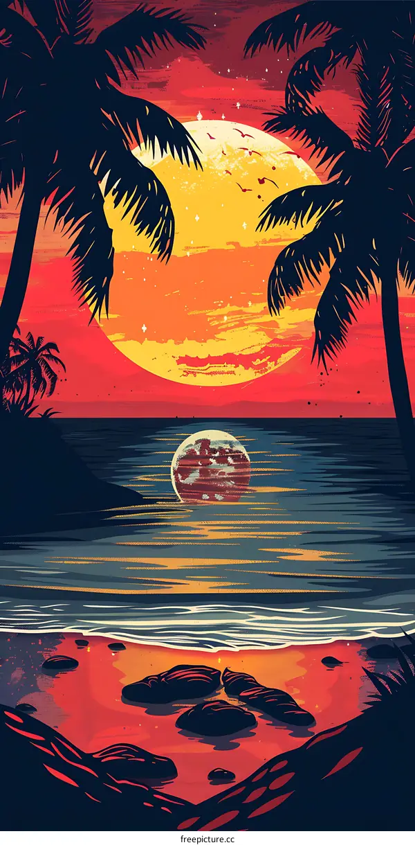 Palm Trees Sunset Ocean Beach Illustration