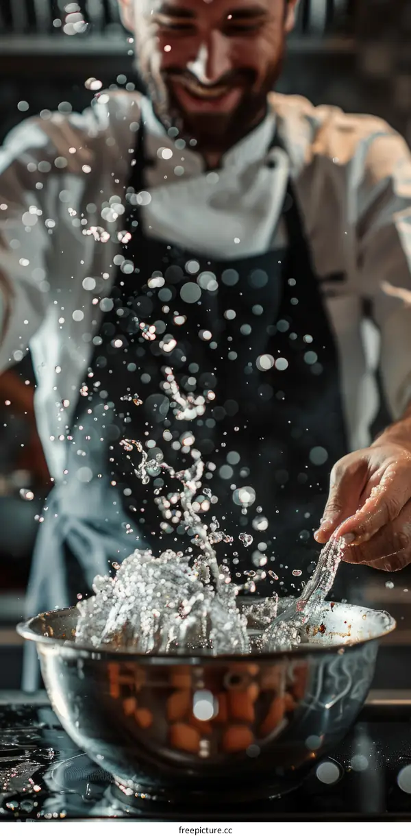 Chef is adding water to a bowl