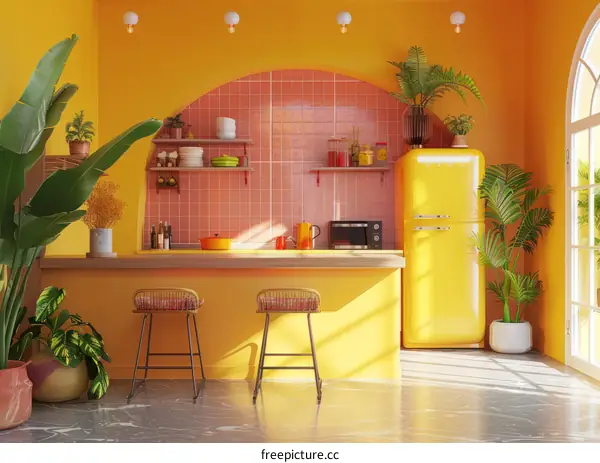 A stylish kitchen with yellow walls and pink accents