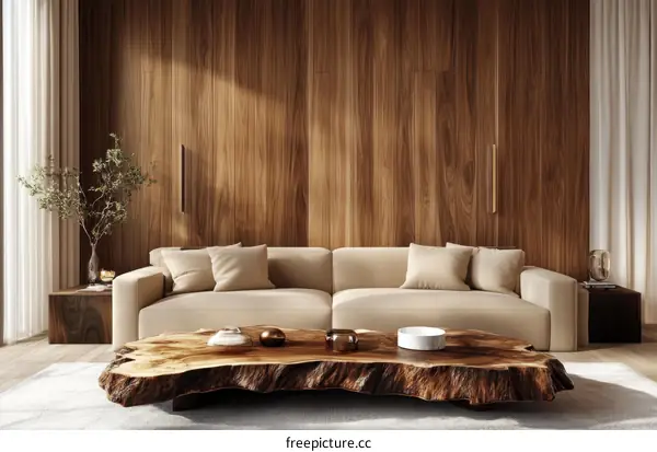 Modern Living Room Interior Design with Wooden Wall and Coffee Table