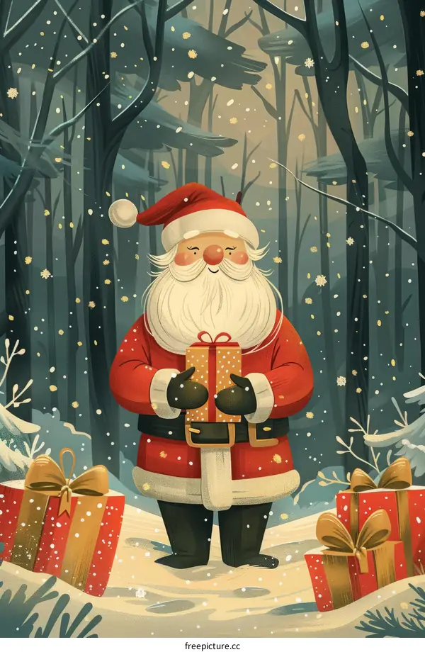 Santa Claus in the snowy woods with presents