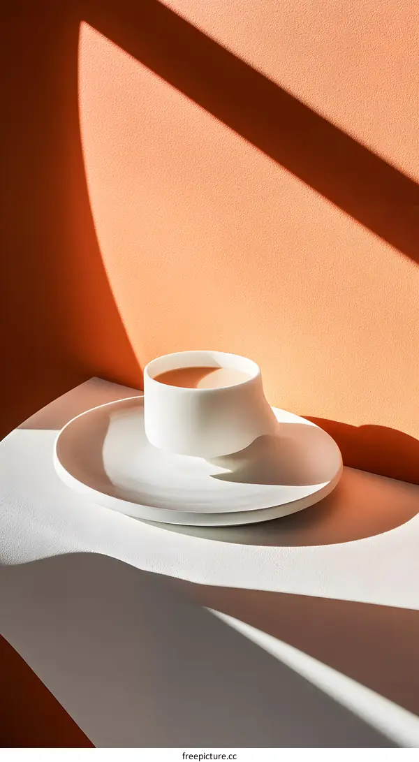 White Cup of Coffee with Shadows and a Beige Wall Background