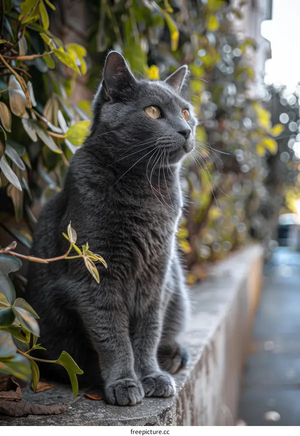 Gray Cat Perched on a Ledge with Green Leaves
